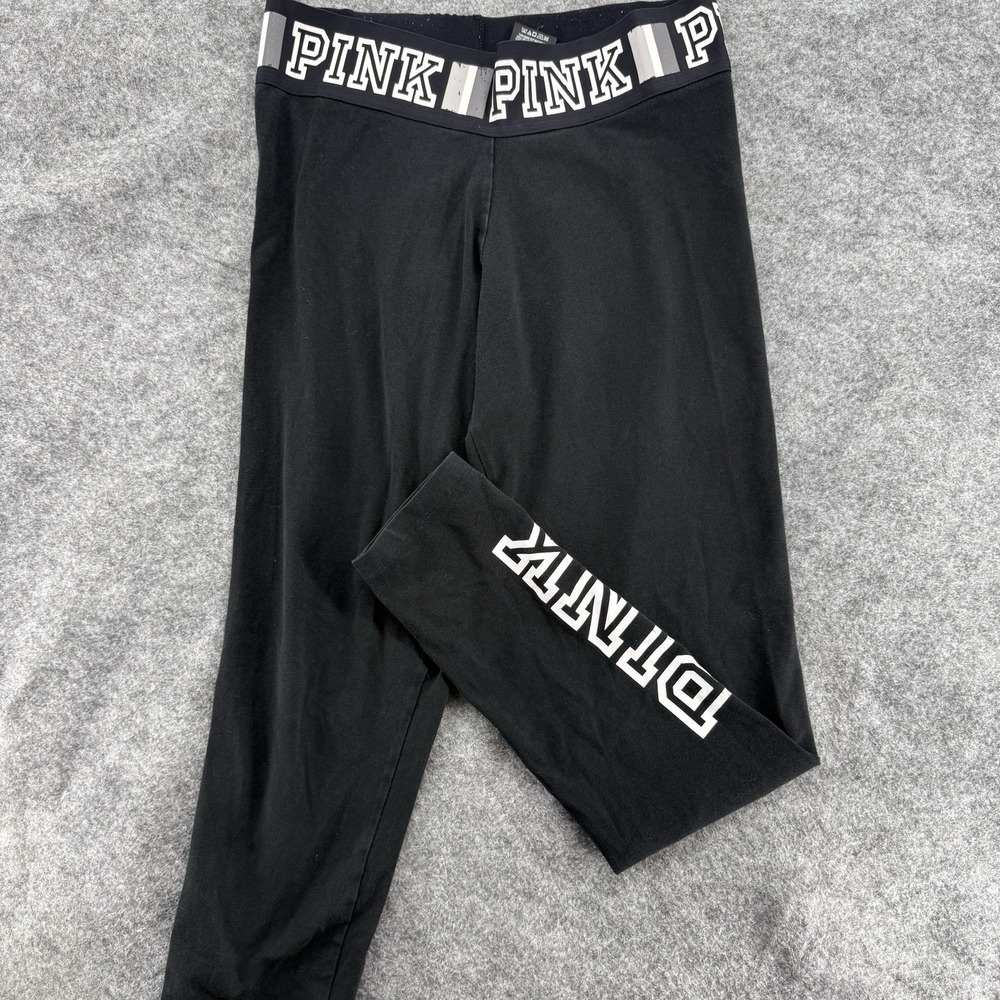 PINK Victoria's Secret YOGA‎ Leggings Y2K Black Waistband Size Medium Logo Leg